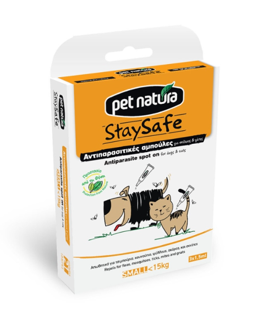 Pet Natura Stay Safe Φυτικές αντιπαρασιτικές αμπούλες για σκύλους και γάτες <15kg 3×1,5ml Small